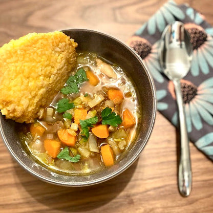 Chicken and Porcini Mushroom Soup with Turmeric and Sweet Smoked Paprika Rice Cakes