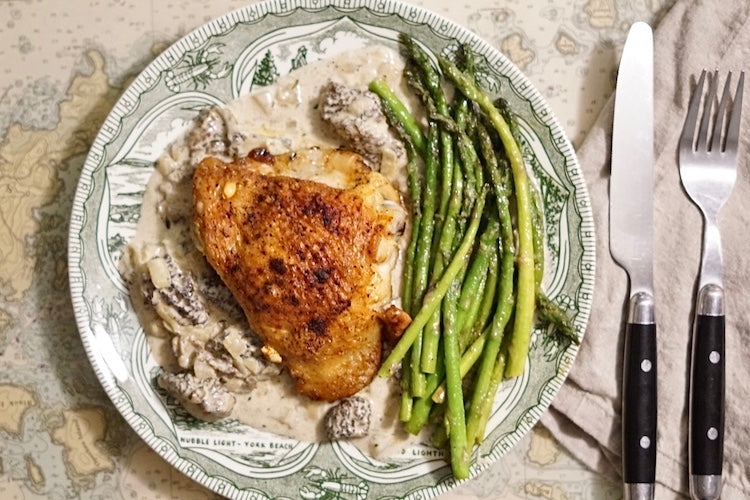 Morel Cream Sauce with Skillet Chicken and Pan Fried Asparagus