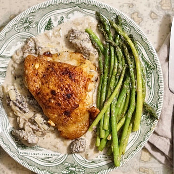 Morel Cream Sauce with Skillet Chicken and Pan Fried Asparagus
