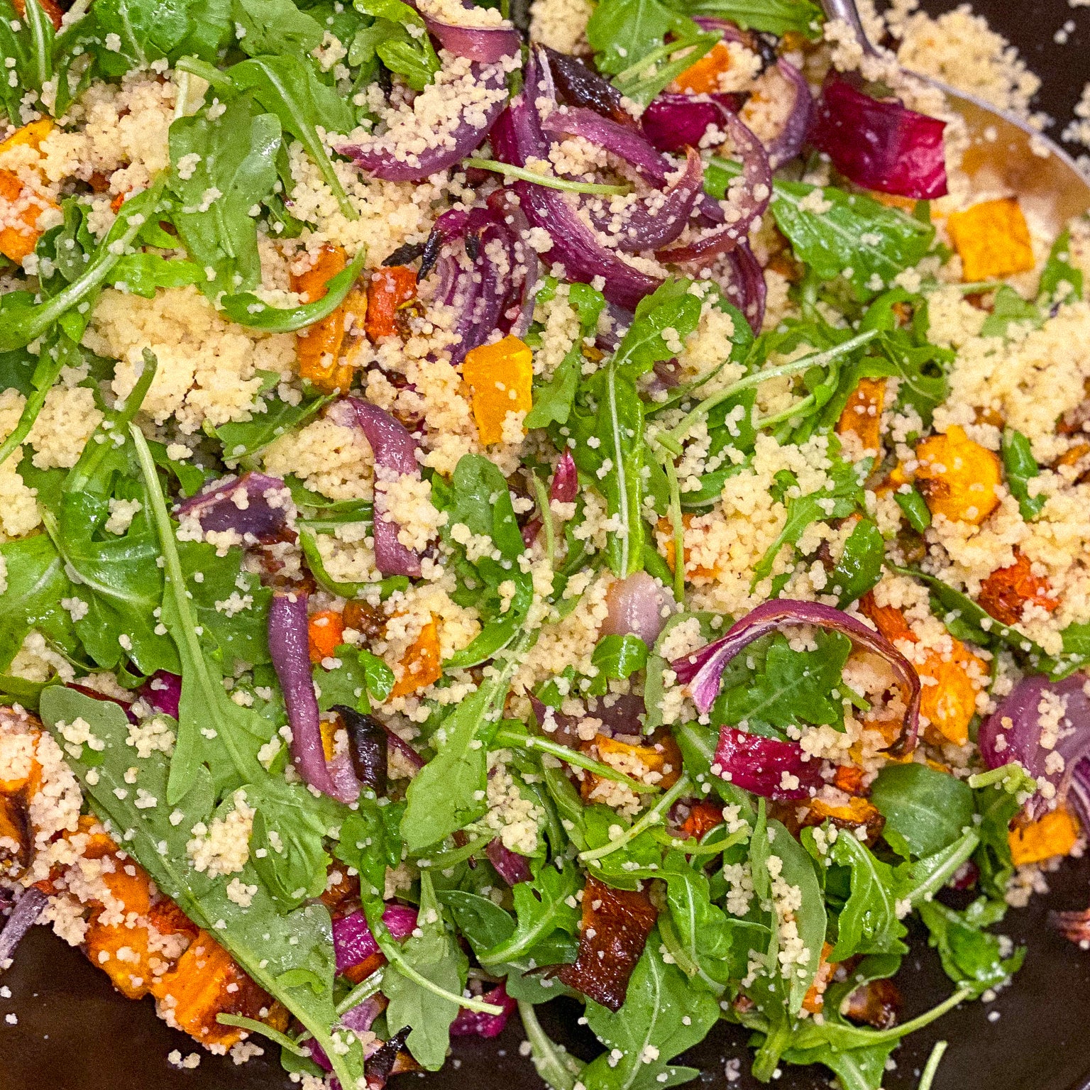 Spice-Infused Couscous with Baharat Candied Pistachios, Fall Vegetables and Sumac Dressing