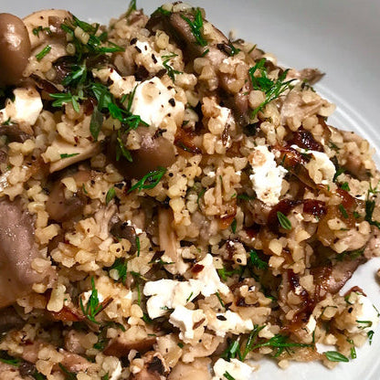 Bulgur with Mushrooms, Feta, + Urfa Chile