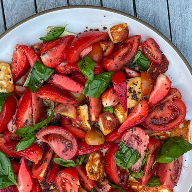 Strawberry + Tomato Salad with Sizzled Mustard Seed Halloumi