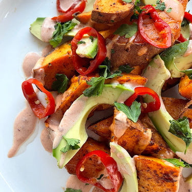 Roasted Sweet Potatoes with Chili Aioli, Avocado, and Pickled Chilis