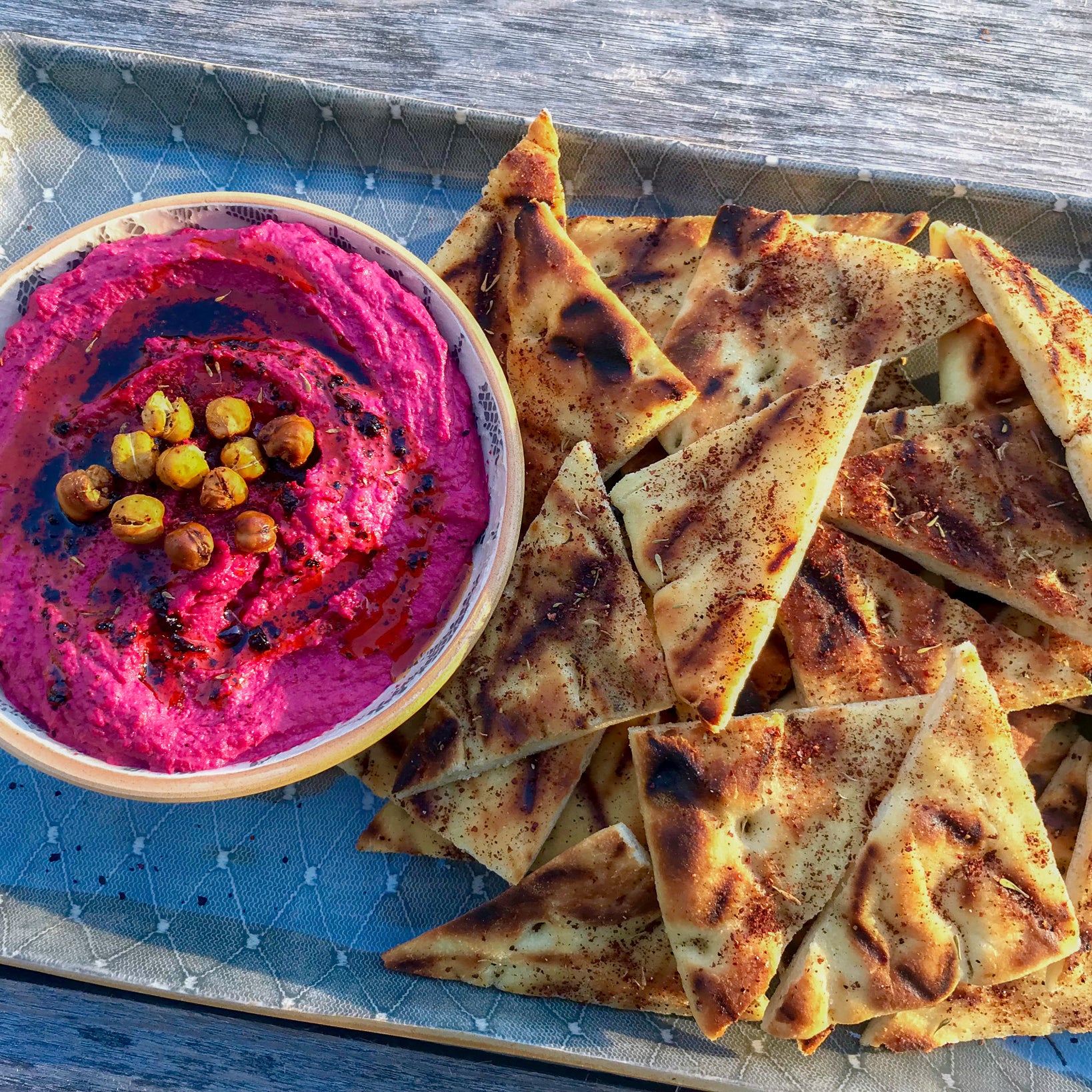 Roasted Beet Hummus with Urfa Infused Olive Oil and Syrian Za'atar Flatbread