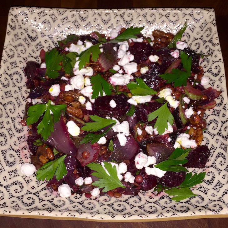 Roasted Beet, Lentil, and Goat Cheese Salad with Walnuts
