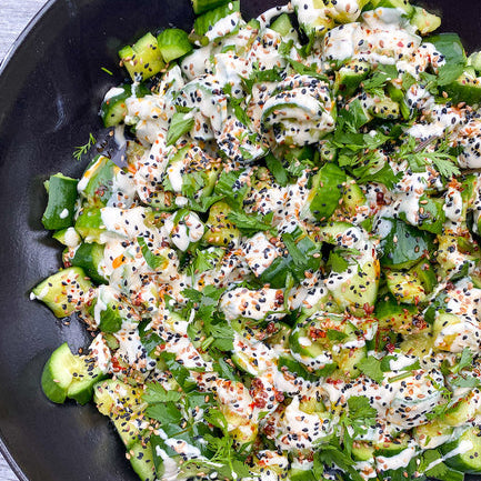Smashed Cucumber with Tahini and Everything Chile Oil