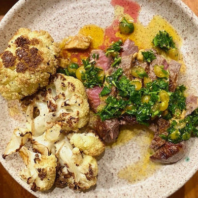 Strip Steak with Harissa Butter and Parsley Salad-SKORDO