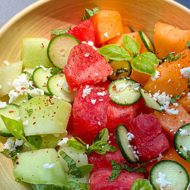 Melon Salad with Aleppo Pepper, Cucumber, + Feta