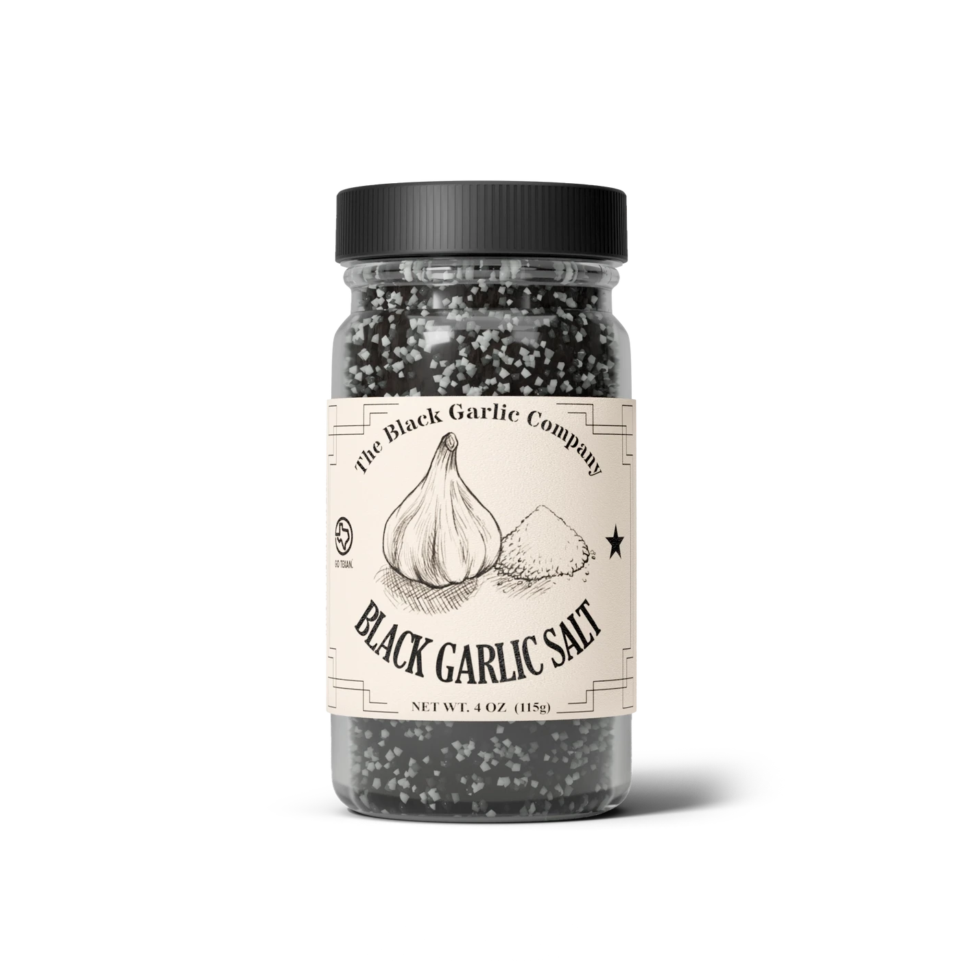 A jar of Black Garlic Salt with a label showing a bulb of garlic, placed against a plain background.