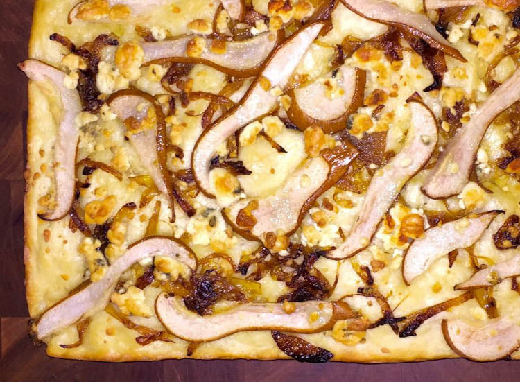 Focaccia with Caramelized Onions, Pear, and Blue Cheese