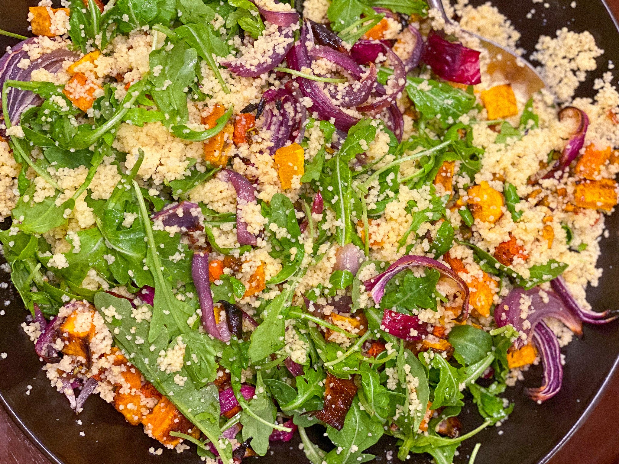 Spice-Infused Couscous with Baharat Candied Pistachios, Fall Vegetables and Sumac Dressing