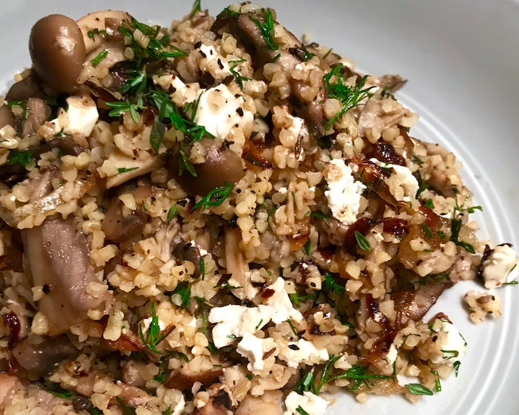 Bulgur with Mushrooms, Feta, + Urfa Chile