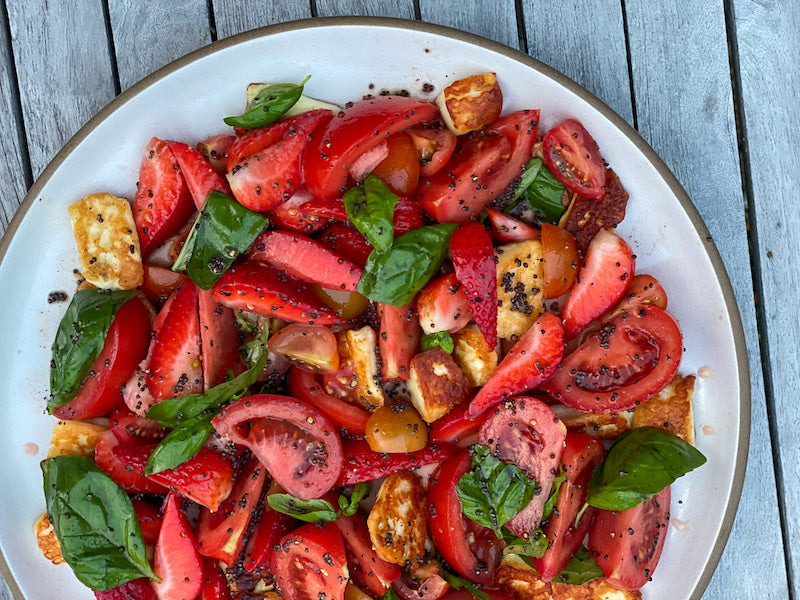 Strawberry + Tomato Salad with Sizzled Mustard Seed Halloumi