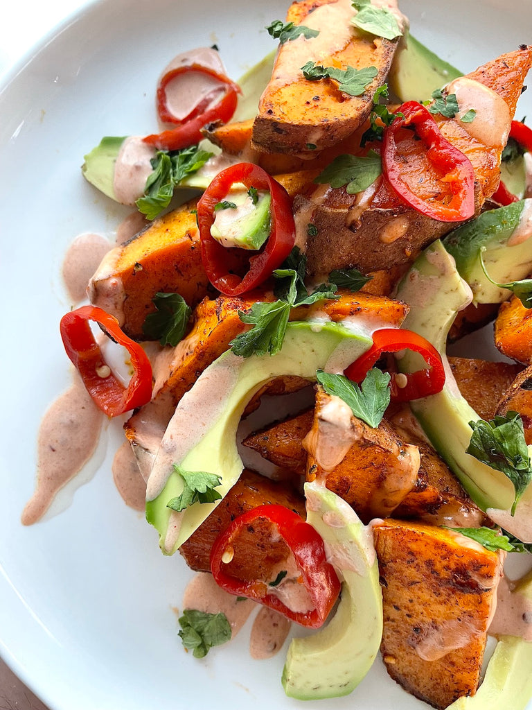 Roasted Sweet Potatoes with Chili Aioli, Avocado, and Pickled Chilis