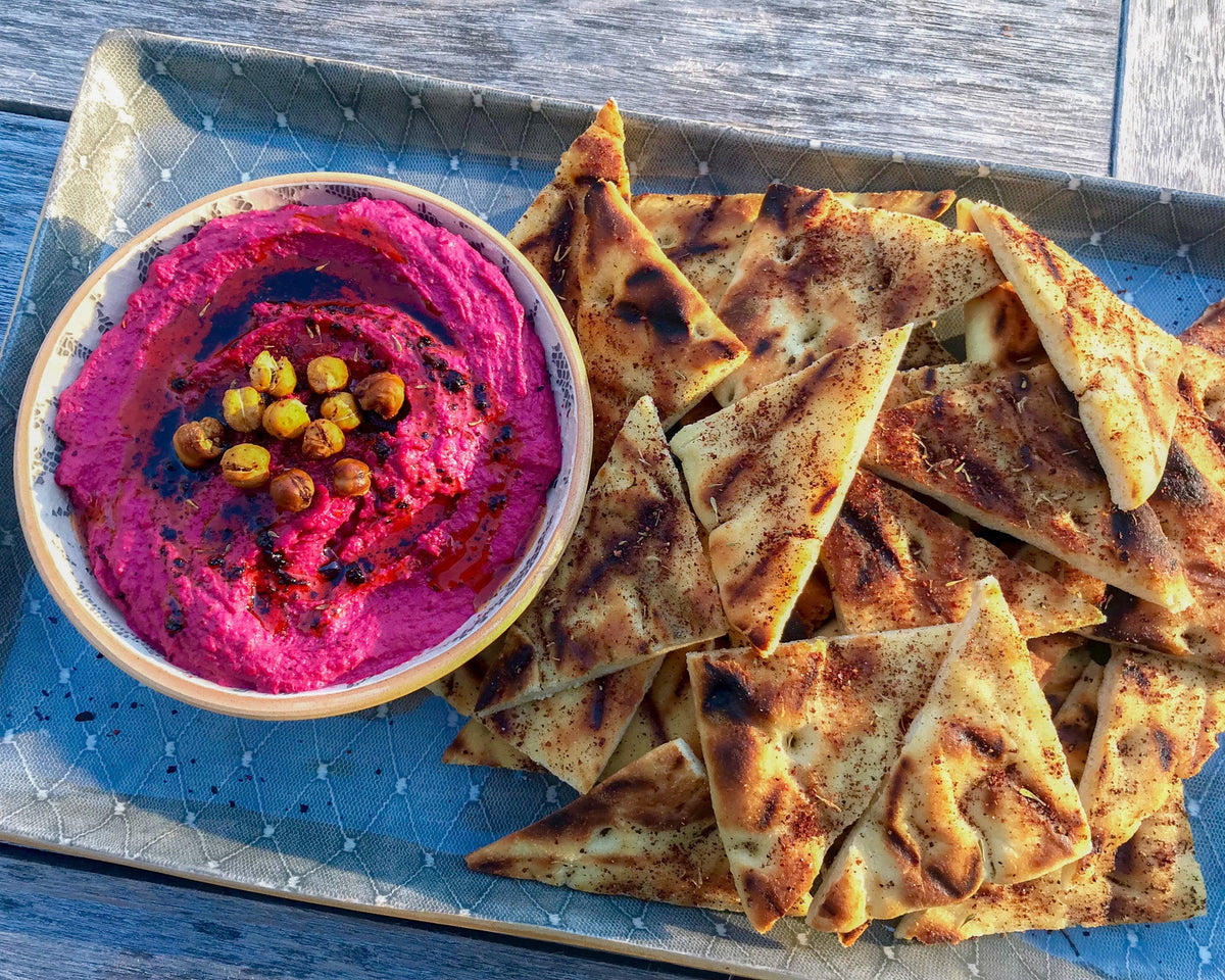 Roasted Beet Hummus with Urfa Infused Olive Oil and Mountain Za'atar Flatbread