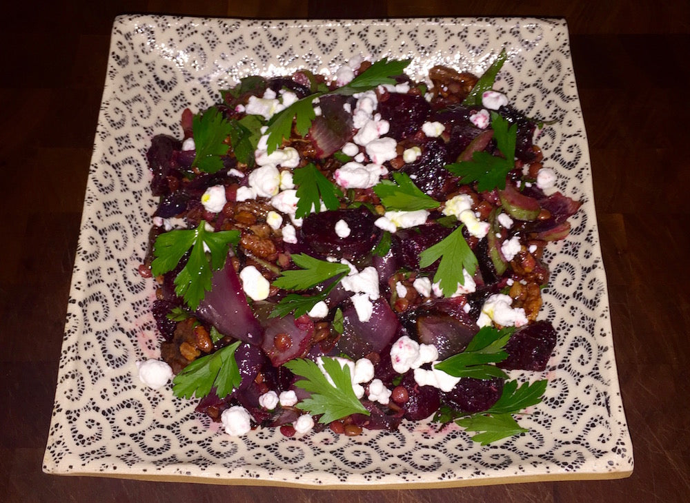 Roasted Beet, Lentil, and Goat Cheese Salad with Walnuts