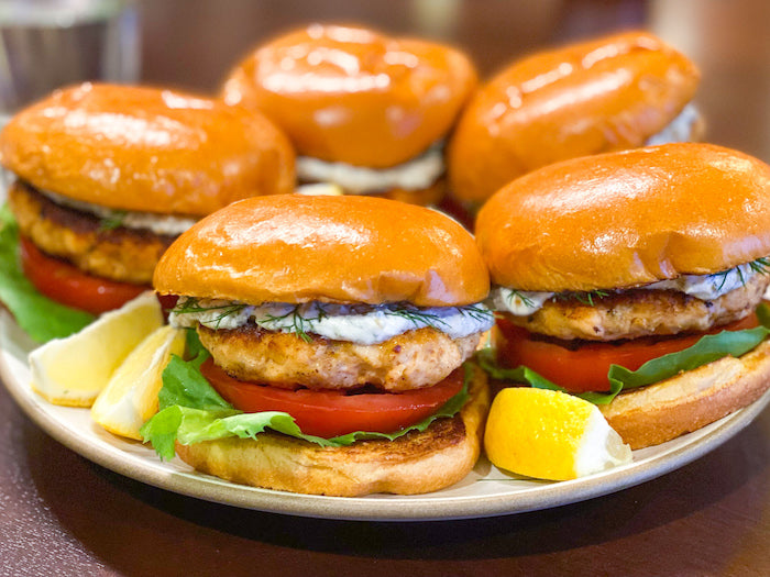 Maple Salmon "Burgers" with Dill Dip