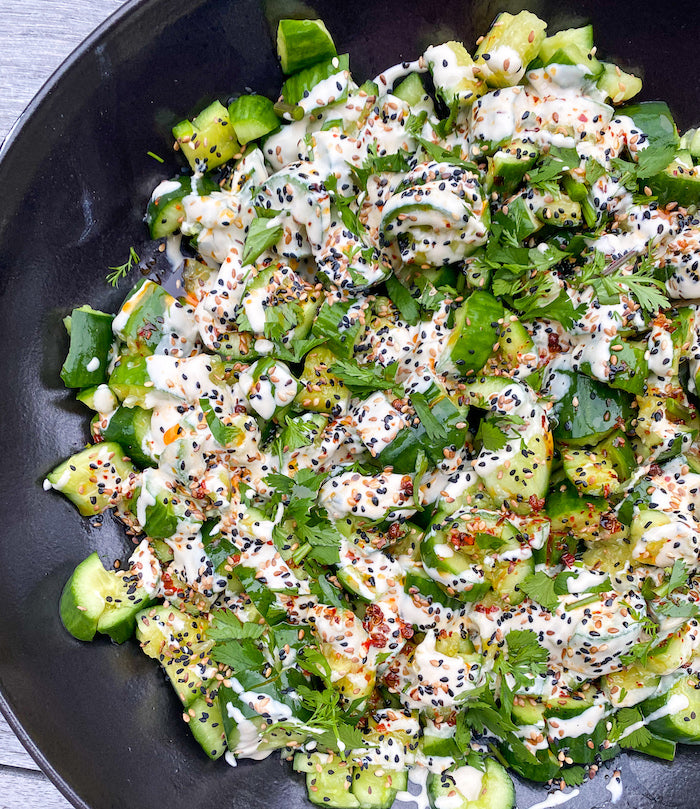Smashed Cucumber with Tahini and Everything Chile Oil