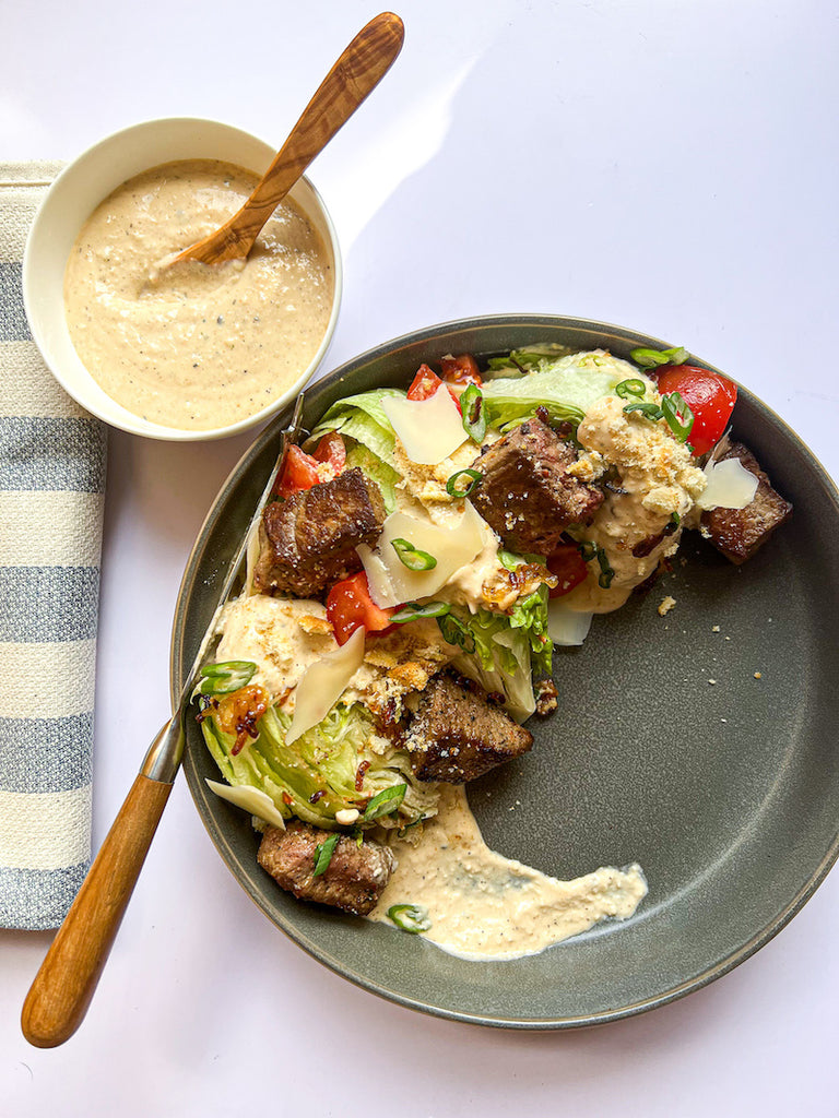 Steak Tip Wedge Salad | Garlic Pepper Caesar Dressing