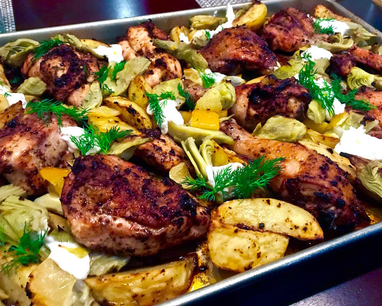 Roasted Harissa Chicken with Potatoes and Artichokes