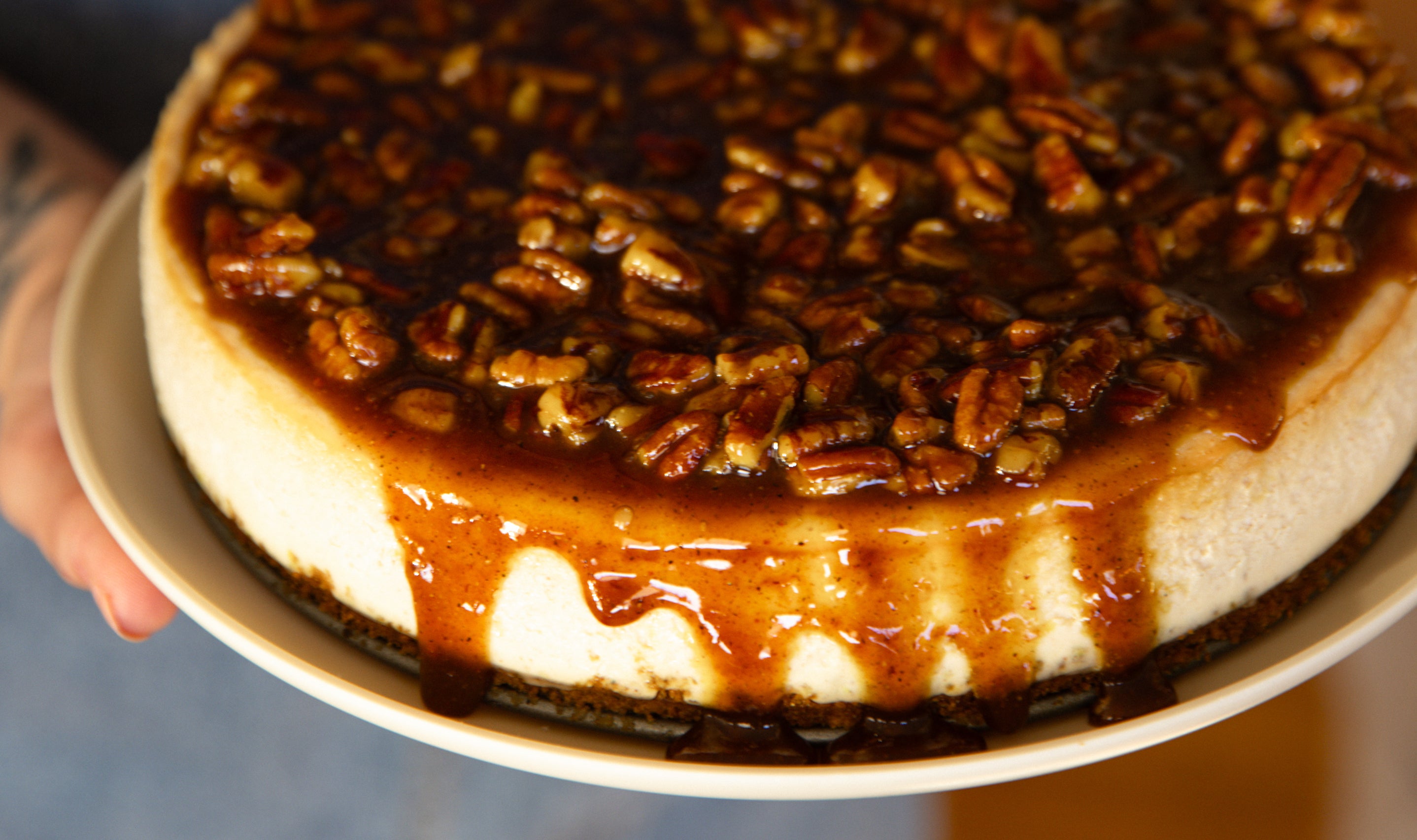 Shawarma Cheesecake with Spiced Maple Pecan Topping