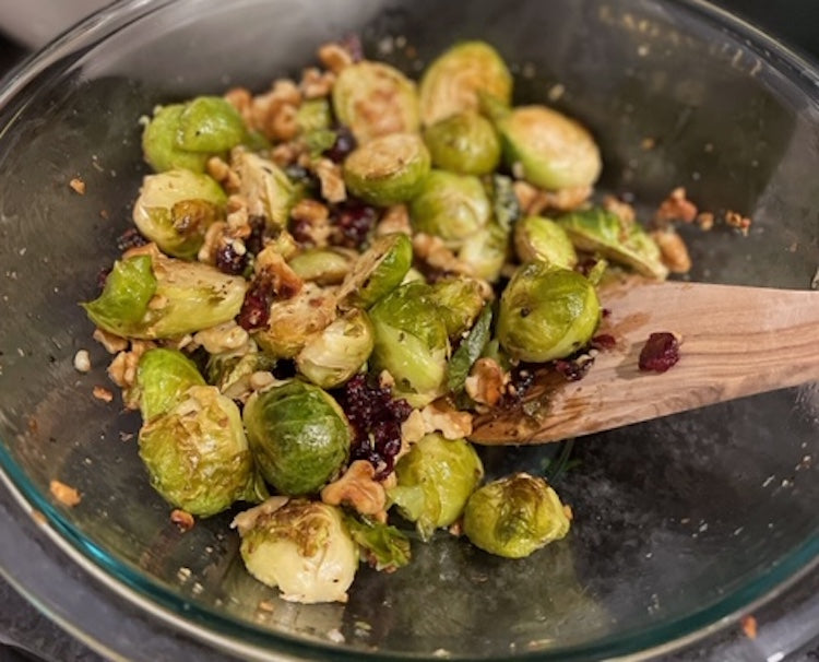 Roasted Brussels Sprouts with Cranberry and Walnut Honey
